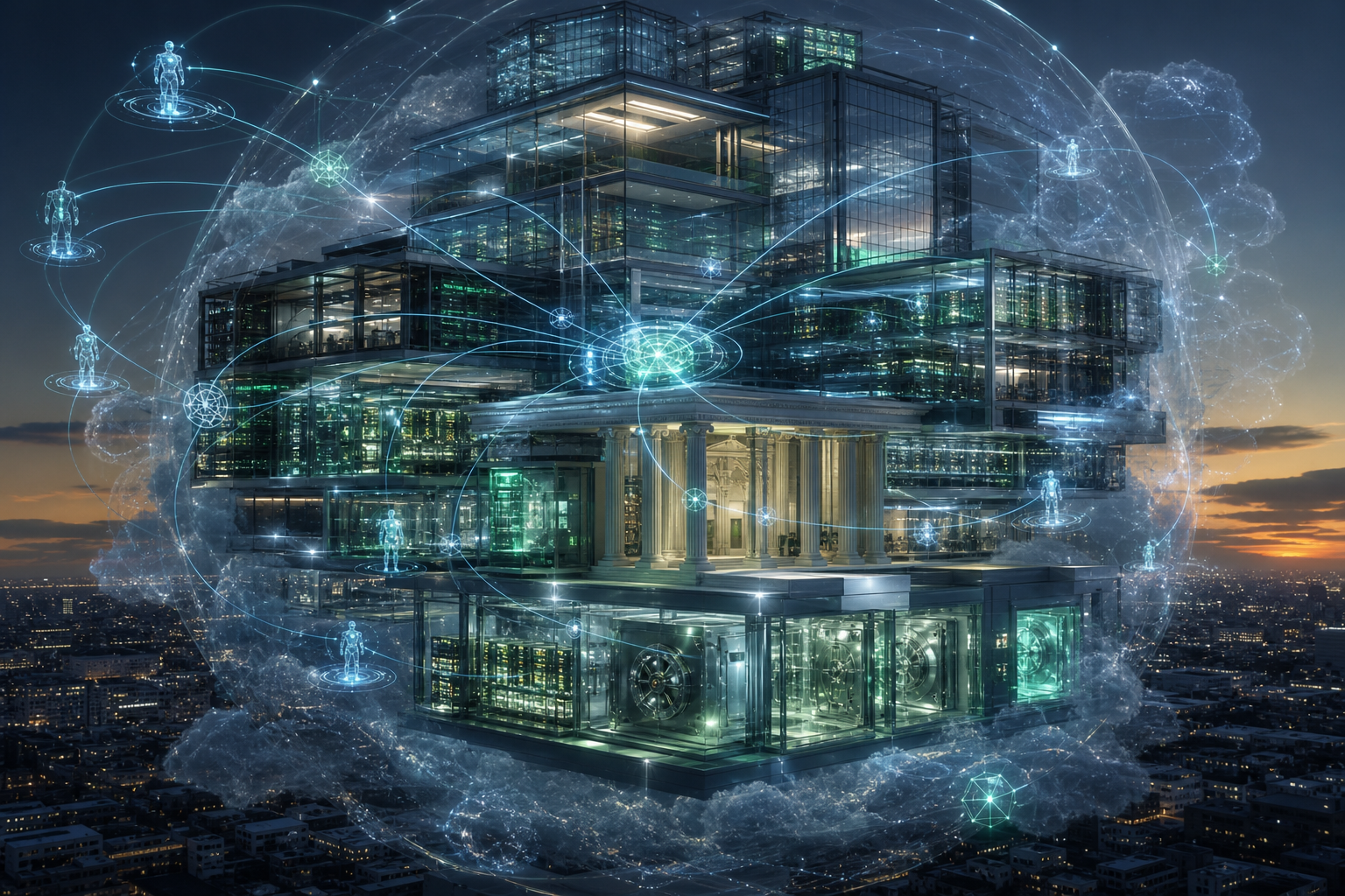 Banco futurista encapsulado numa nuvem digital, coordenado por um sistema de multiagentes em orquestração.