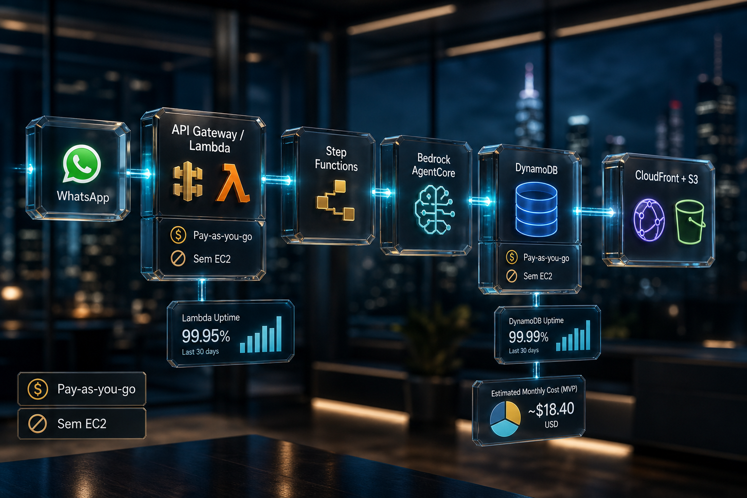 Arquitetura 3D AWS serverless: WhatsApp, Lambda, Step Functions, Bedrock AgentCore, DynamoDB e CloudFront.