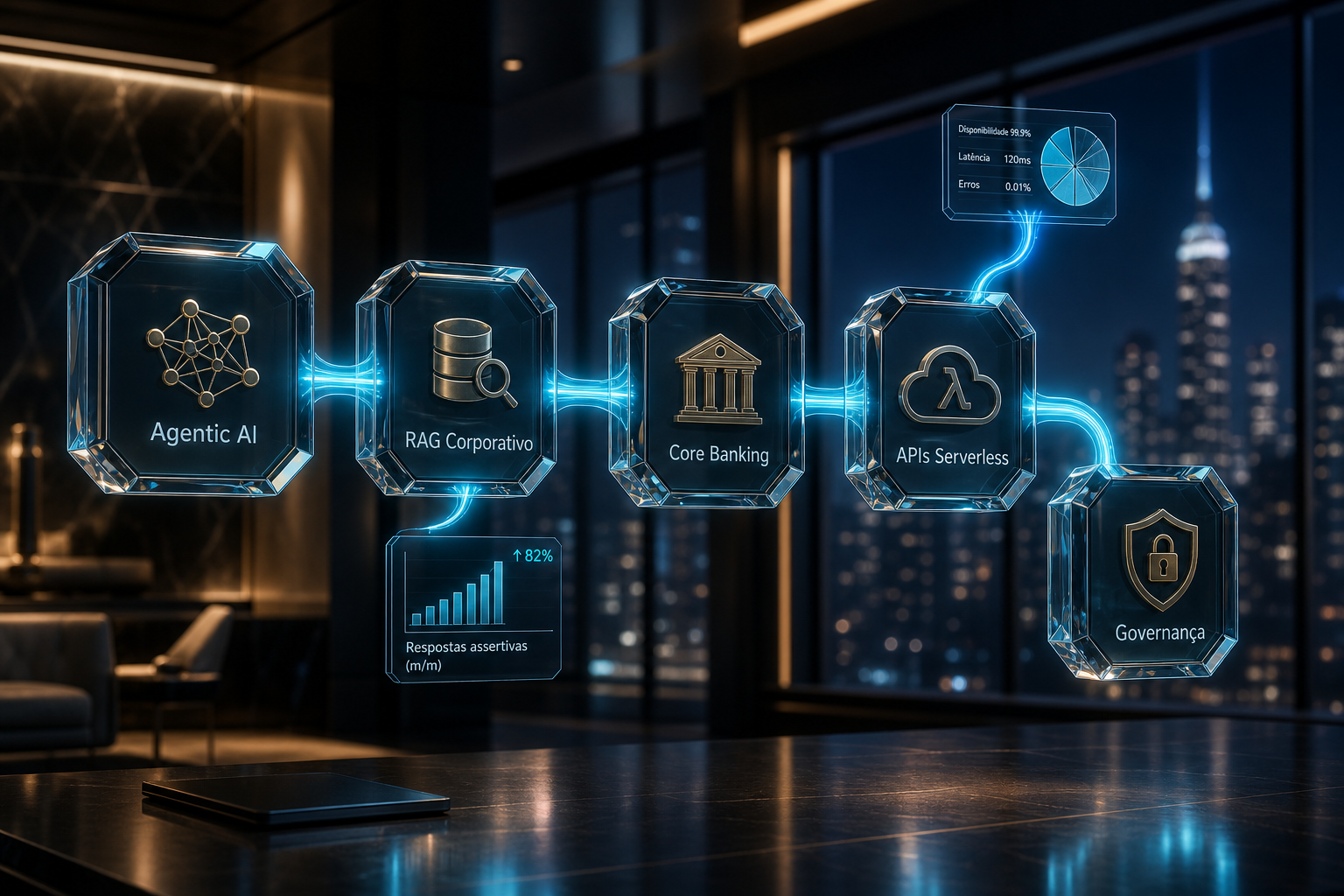 Diagrama 3D modular: Agentic AI, RAG corporativo, Core Banking, APIs serverless e governança conectados por fluxos de dados.