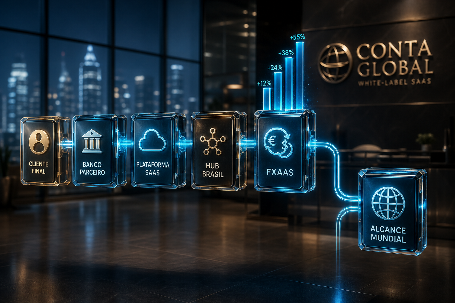 Diagrama 3D Conta Global: cliente, banco parceiro, plataforma SaaS, hub Brasil e FXaaS.