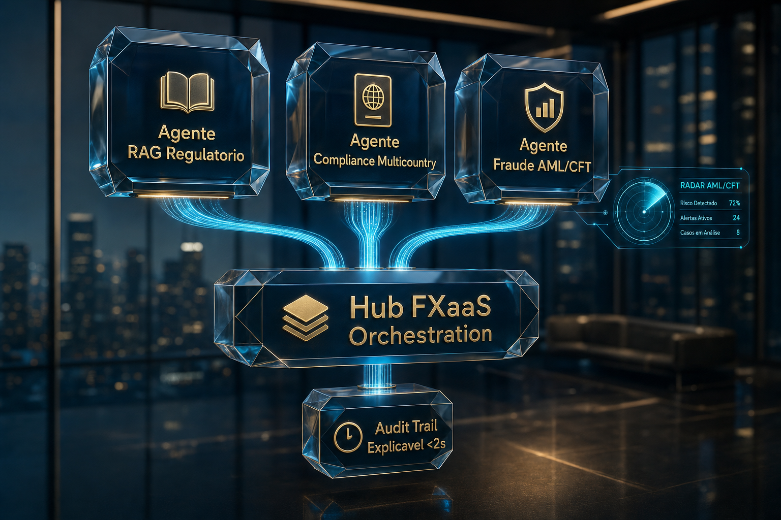 Arquitectura 3D multiagente: RAG regulatório, compliance multicountry e fraude AML/CFT no hub FXaaS.