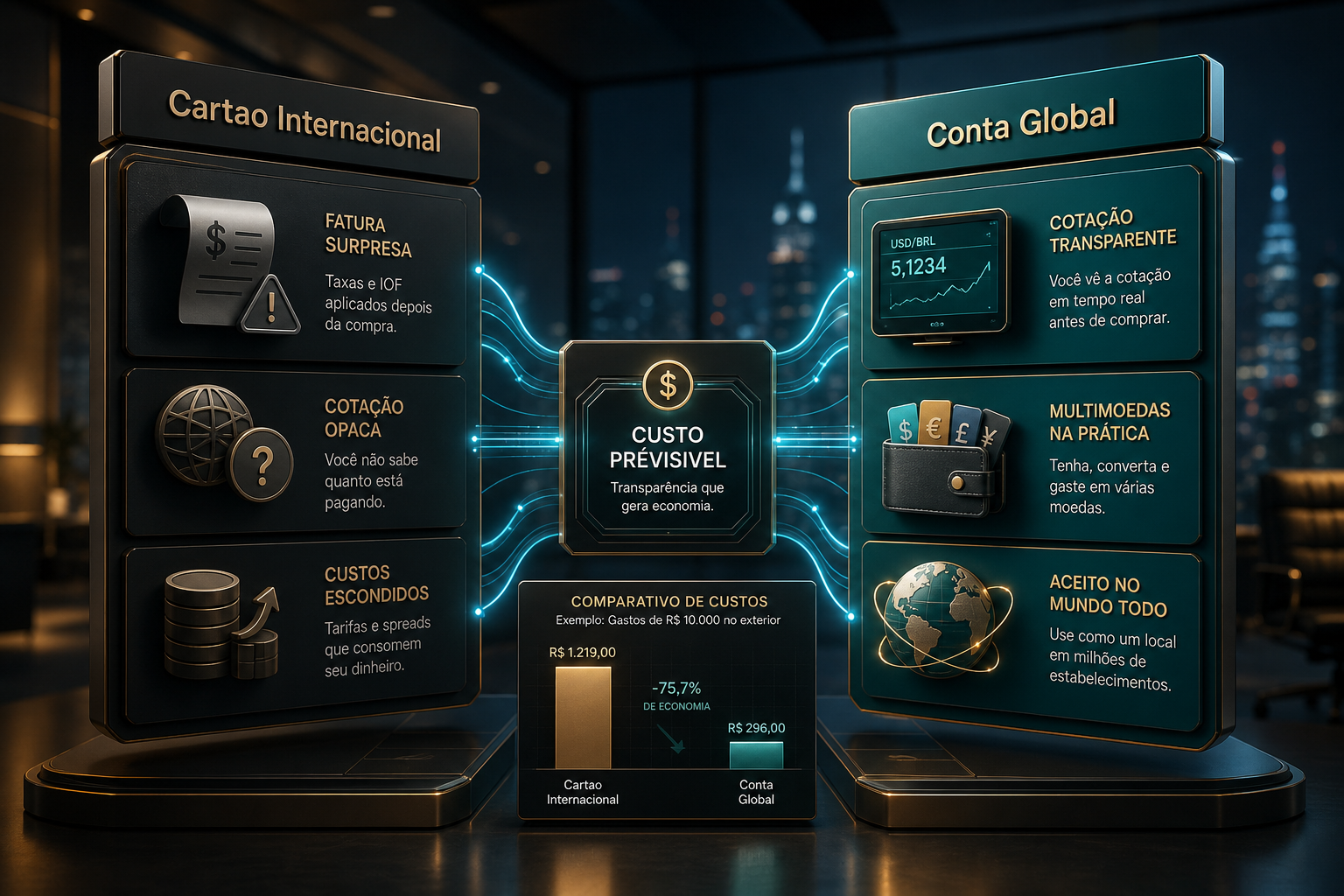 Comparação 3D: cartão internacional opaco versus Conta Global com custo previsível.