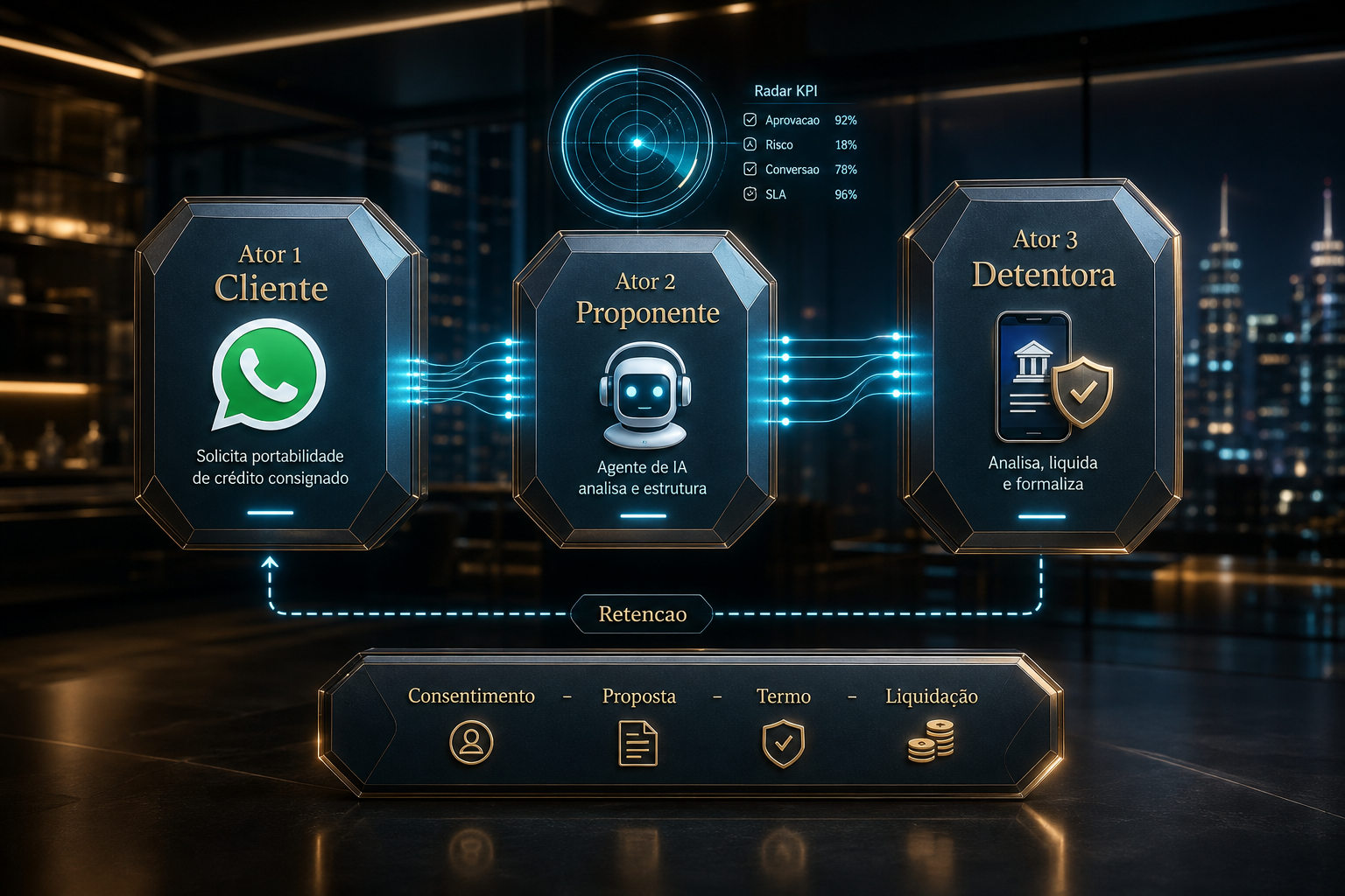 Diagrama 3D dos três atores: cliente WhatsApp, IF proponente com agente, IF detentora com consentimento e retenção.