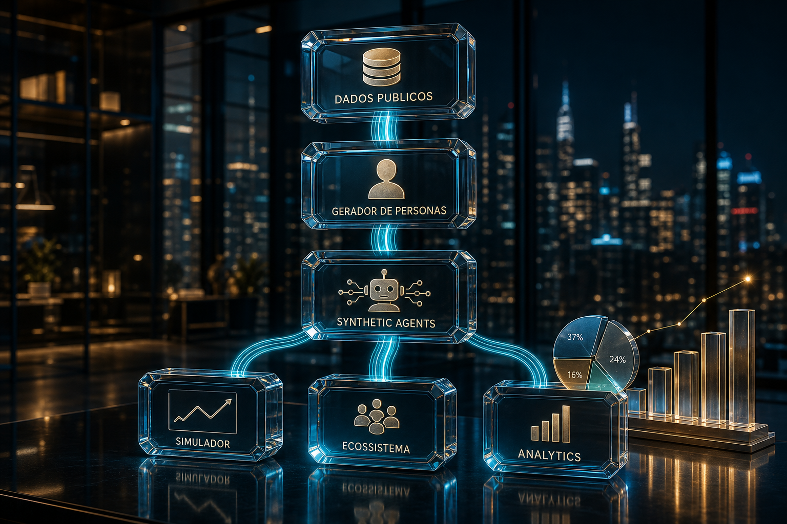 Diagrama 3D: dados públicos, gerador de personas, synthetic agents, simulador, ecossistema e analytics.