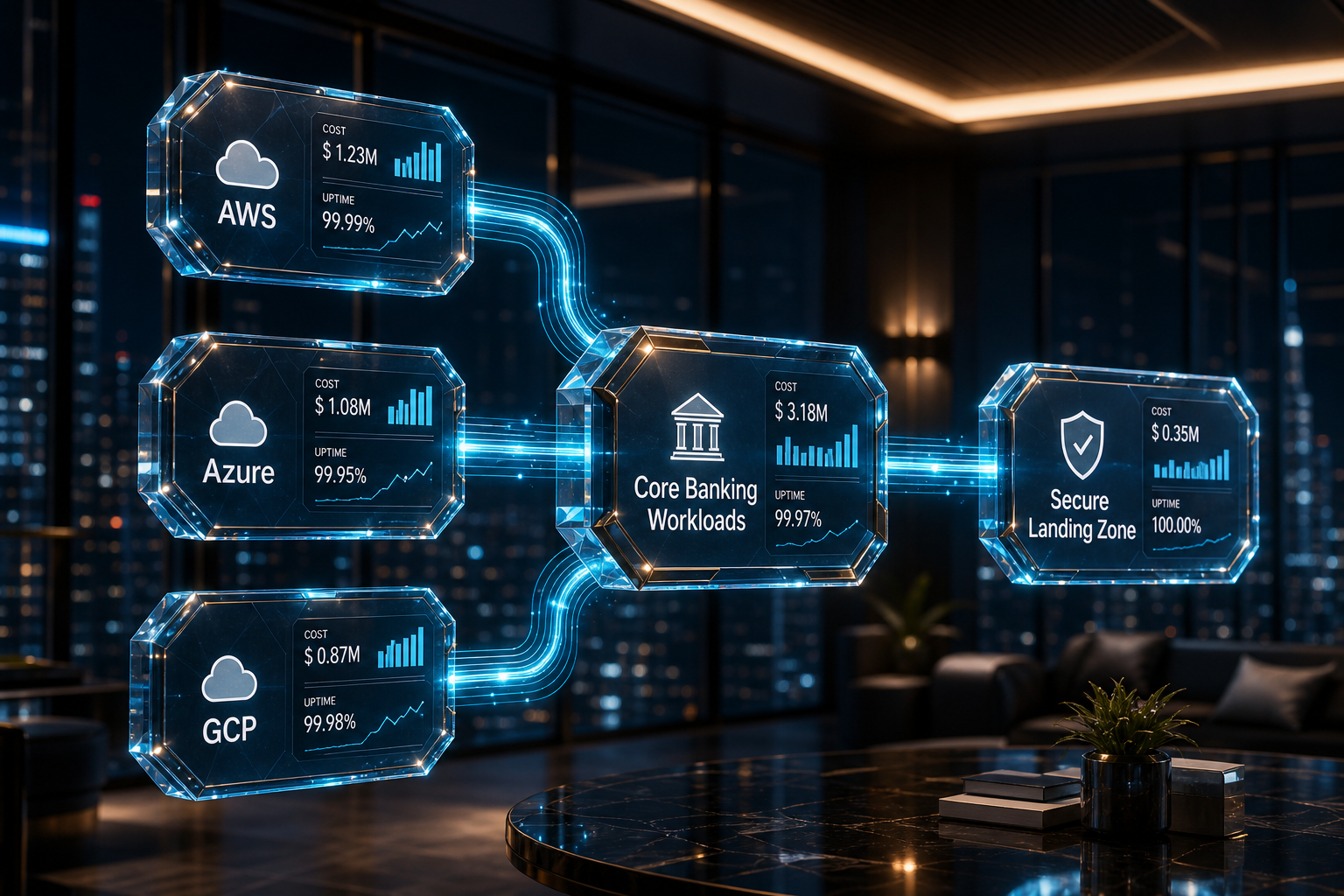 Diagrama 3D multicloud: workloads de core bancário em AWS, Azure e GCP com landing zone segura.